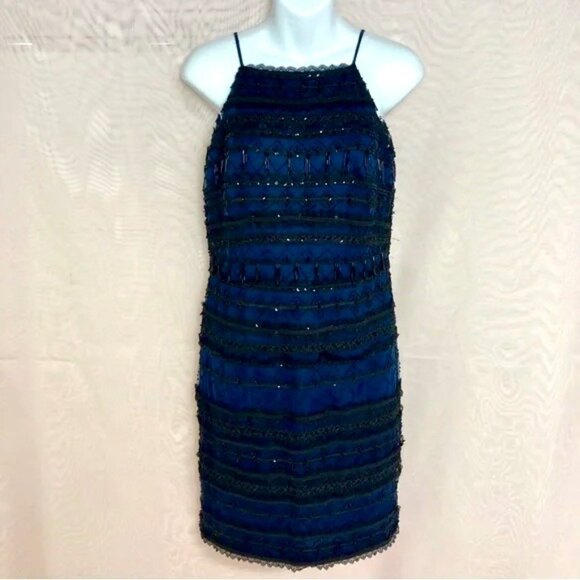 Aidan Mattox Blue Beaded Lace Halter Mini Dress NWT Size 4 New Years Eve Party - Picture 8 of 9